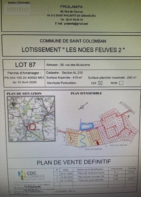 Terrain a batir a vendre Saint-Colomban 44310 Loire-Atlantique 415 m2  77600 euros