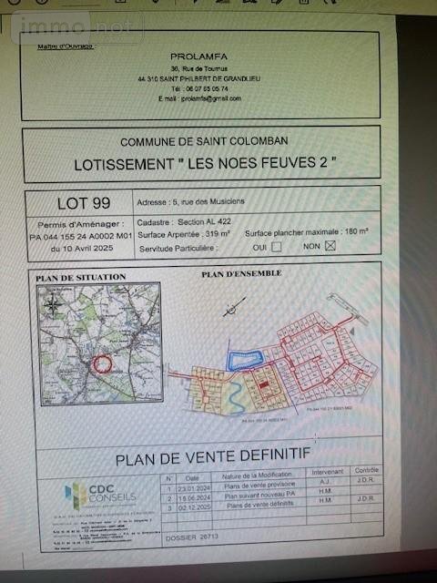 Terrain a batir a vendre Saint-Colomban 44310 Loire-Atlantique 319 m2  64000 euros