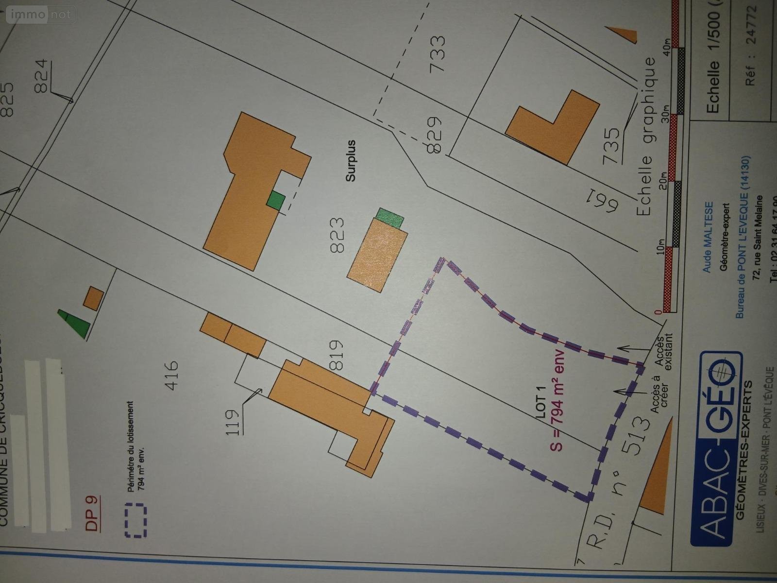 Terrain a batir a vendre Cricqueboeuf 14113 Calvados 794 m2  207200 euros
