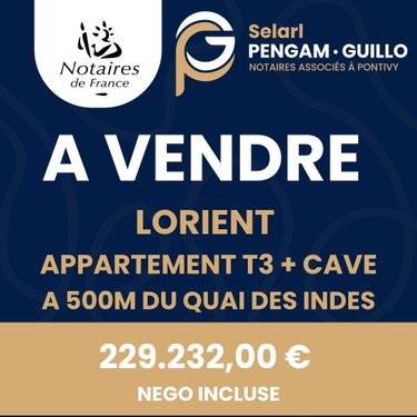 Appartement a vendre Lorient 56100 Morbihan 78 m2 3 pièces 229232 euros