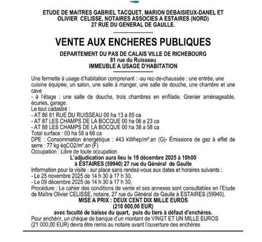 Vente aux encheres maison Richebourg 62136 Pas-de-Calais 6 pièces 210000 euros