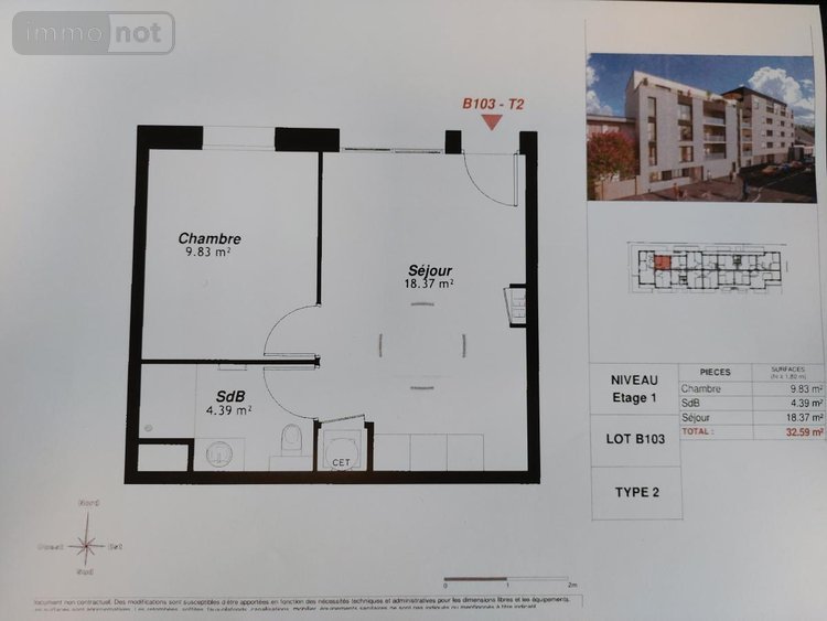 Location appartement Reims 51100 Marne 32 m2 2 pièces 490 euros